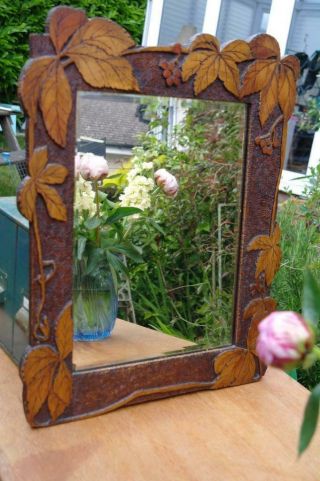 Antique Black Forest Carved Maple Mirror Bevel Glass Arts And Crafts Rustic Chic 2