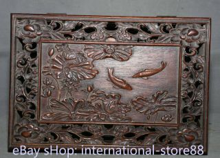 11.  2 " Old Chinese Huanghuali Wood Carved Hollow Fish Lotus Jewelry Box
