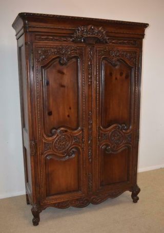 Two Door French Style Armoire Carved Basket With Flowers Dark Stained Pine
