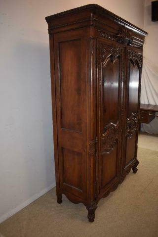 Two Door French Style Armoire Carved Basket With Flowers Dark Stained Pine 2