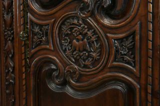 Two Door French Style Armoire Carved Basket With Flowers Dark Stained Pine 8