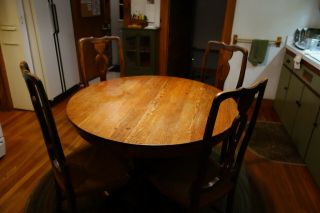 Antique Oak Pedestal Dining Table And B.  Altman Rushed Dining Chairs