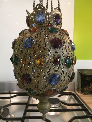 Antique Repousse Gilt Metal Glass Jewel Encrusted French Sanctuary Church Lamp
