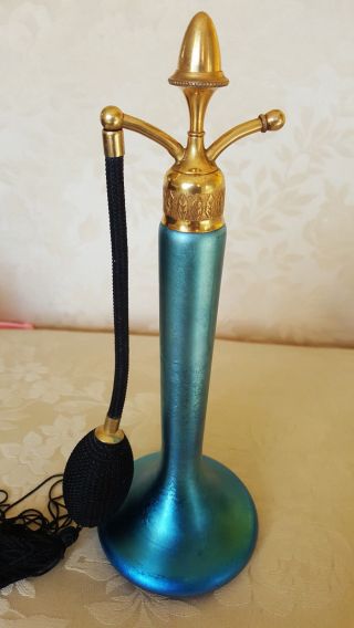 Antique DeVilbiss Blue Aurene Steuben Glass Perfume Bottle Atomizer Acorn Top 2