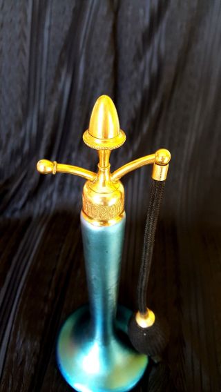 Antique DeVilbiss Blue Aurene Steuben Glass Perfume Bottle Atomizer Acorn Top 4