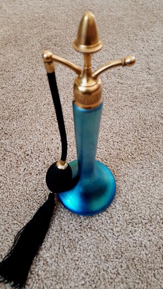 Antique DeVilbiss Blue Aurene Steuben Glass Perfume Bottle Atomizer Acorn Top 7