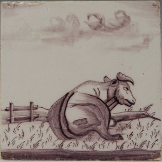 Dutch Manganese Tile,  Reclining Cow,  Late 18th Ct,  Ca.  1780.