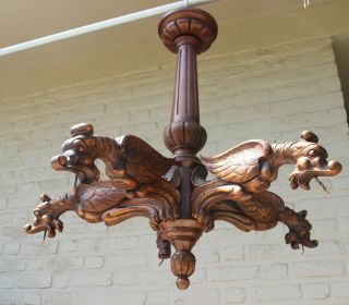 Antique French Wood Carved Gothic 5 Dragon Arms Castle Chandelier Monastery