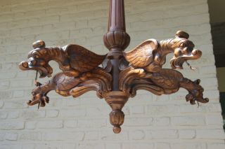 Antique French wood carved gothic 5 Dragon arms Castle chandelier monastery 2