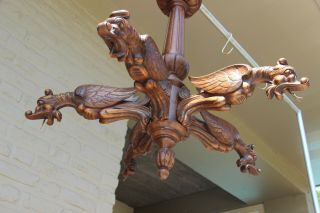 Antique French wood carved gothic 5 Dragon arms Castle chandelier monastery 6