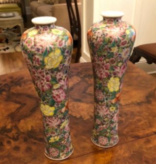 Hand Painted Chinese Millefiori Famille Rose Vases