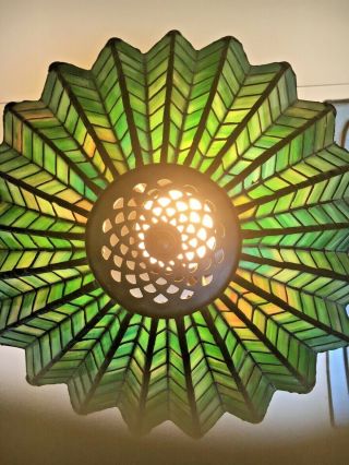 Antique 1910 Arts & Crafts green &yellow stained glass spider web lamp iron base 2