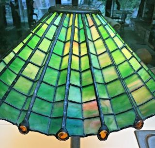 Antique 1910 Arts & Crafts green &yellow stained glass spider web lamp iron base 3