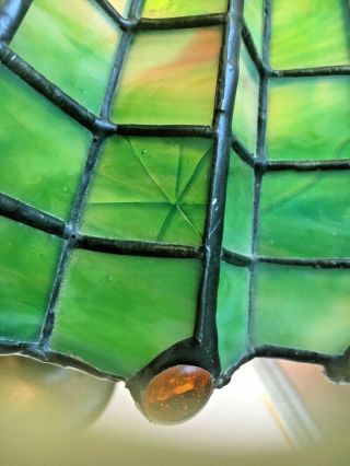 Antique 1910 Arts & Crafts green &yellow stained glass spider web lamp iron base 4