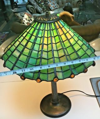 Antique 1910 Arts & Crafts green &yellow stained glass spider web lamp iron base 6