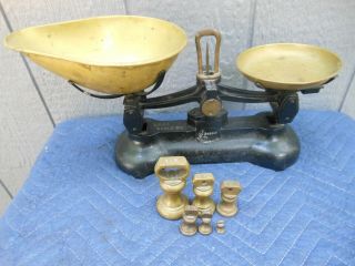 Vintage Libra Cast Iron Balance Kitchen Scales W/brass Bell Weights From England