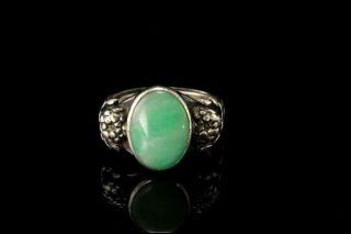 Vintage Chinese Apple Green Jadeite Cabochon Silver Adjustable Ring D115 - 1c