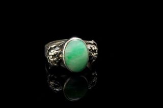 VINTAGE CHINESE APPLE GREEN JADEITE CABOCHON SILVER ADJUSTABLE RING D115 - 1C 2