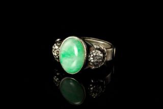 VINTAGE CHINESE APPLE GREEN JADEITE CABOCHON SILVER ADJUSTABLE RING D115 - 1C 3