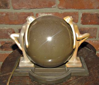 Antique Art Deco Metallic Glass Globe Lamp W/ 2 Naked Metal Ladies On Each Side
