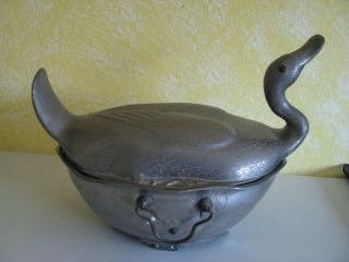 Antique Chinese Three Piece Pewter Duck Food Warmer Dish Marked