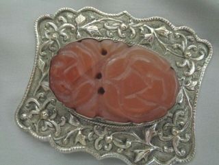 Early China Hand Crafted Sterling Belt Buckle W,  Carved Jade Center 1.  5 " Belt Si