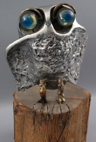Origina CURTIS JERE Mid Century Modernist Cast Aluminum Owl Sculpture Wood Stump 3