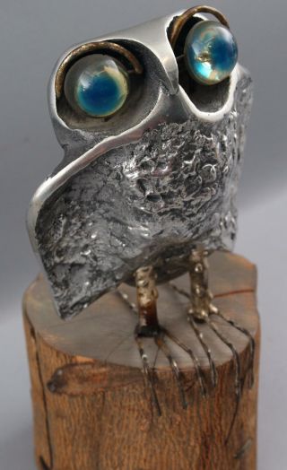 Origina CURTIS JERE Mid Century Modernist Cast Aluminum Owl Sculpture Wood Stump 4