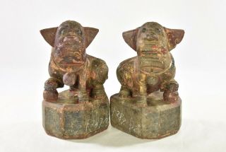 Pair Antique Chinese Red Gilded Wood Carved Statue Of Animal Fu / Foo Dog / Lion