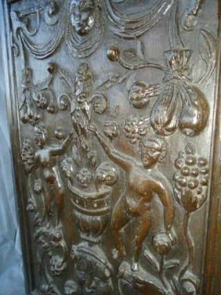 RARE 16TH CENTURY OAK CARVED COFFER PANEL,  NAKED FIGURES WITH FRUITING SCROLLS 10