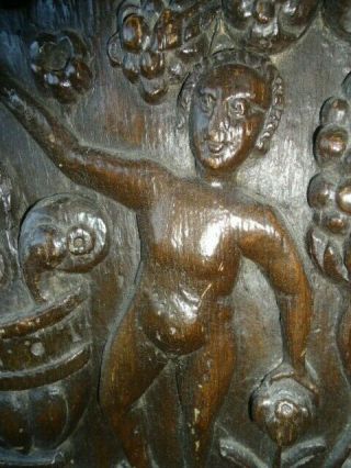 RARE 16TH CENTURY OAK CARVED COFFER PANEL,  NAKED FIGURES WITH FRUITING SCROLLS 2