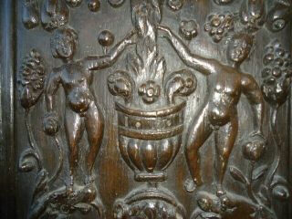 RARE 16TH CENTURY OAK CARVED COFFER PANEL,  NAKED FIGURES WITH FRUITING SCROLLS 3