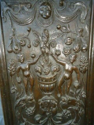 RARE 16TH CENTURY OAK CARVED COFFER PANEL,  NAKED FIGURES WITH FRUITING SCROLLS 5