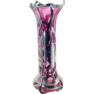 Large Cranberry Glass Vase With Sterling Overlay - 1890 