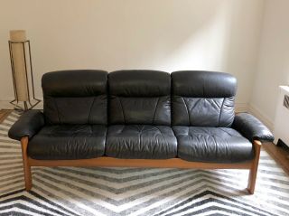Ekornes Stressless Sofa Mid Century Black Leather & Teak Frame Norwegian Couch 2