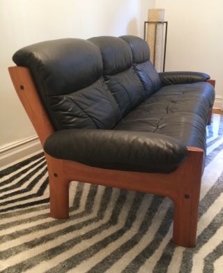 Ekornes Stressless Sofa Mid Century Black Leather & Teak Frame Norwegian Couch 6