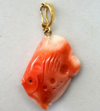 Vintage Chinese Natural Undyed Coral Fish Pendant With 14k Solid Gold Bail
