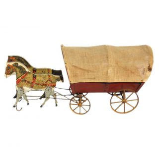 Antique Toy Conestoga Wagon C.  1890s - Lithographed Mechanical Horses