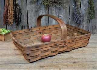 Aafa Early Antique Primitive Oak Splint Long Low Gathering Basket