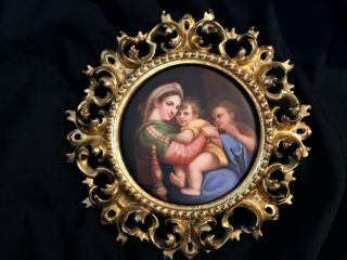 Antique Hand Painted Porcelain Plaque After Rafael Gilded Italian Frame