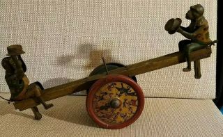 Antique 20s German D R G M Tin Wind Up Monkey Top Hat Seesaw Teeter Totter Rare