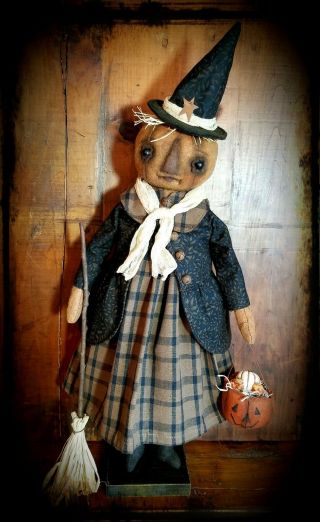 ☆Primitive Folk Art Halloween Fall Pumpkin Witch JOL Broom OOAK Signed Art Doll☆ 11