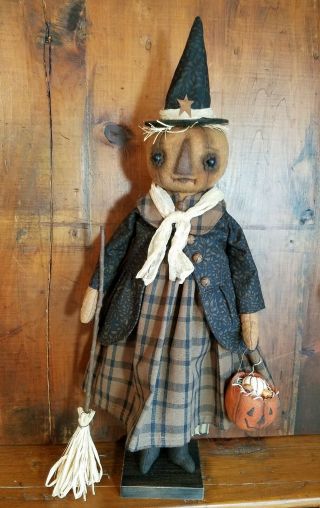 ☆Primitive Folk Art Halloween Fall Pumpkin Witch JOL Broom OOAK Signed Art Doll☆ 12