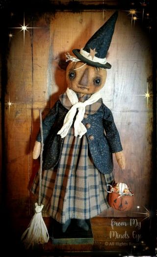 ☆primitive Folk Art Halloween Fall Pumpkin Witch Jol Broom Ooak Signed Art Doll☆