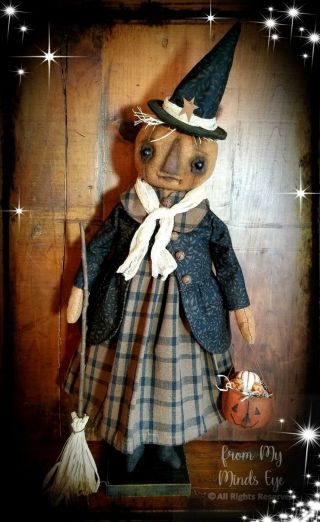 ☆Primitive Folk Art Halloween Fall Pumpkin Witch JOL Broom OOAK Signed Art Doll☆ 7