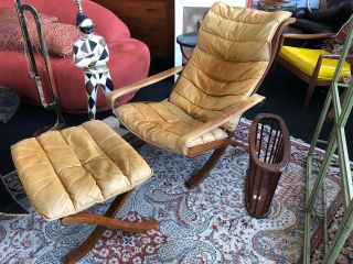 Ingmar Relling Leather Westnofa Folding Lounge Chair Ottoman Mid Century Modern
