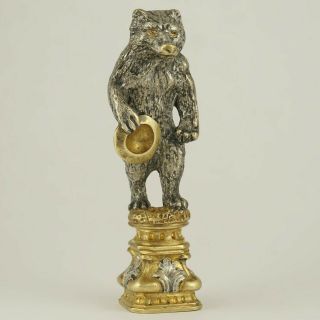 Antique French Gilt & Silvered Bronze Wax Seal Stamp Standing Bear Figure