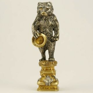 Antique French Gilt & Silvered Bronze Wax Seal Stamp Standing Bear Figure 2