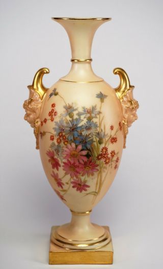 Royal Worcester Blush Twin Figural Handled Hand Painted Floral Vase 1716 - Rare