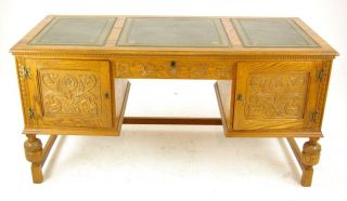 Oak Pedestal Desk,  Carved Oak Desk,  Leather Top Desk,  Scotland 1950,  B1166